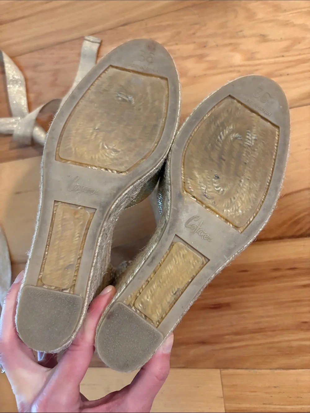 Castaner Gold Espadrille Wedge with Ankle Ribbon